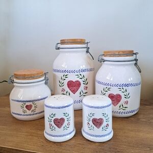 Canister Set & Salt And Pepper Shakers Santa Ana Crock Shop Heart Country Vtg